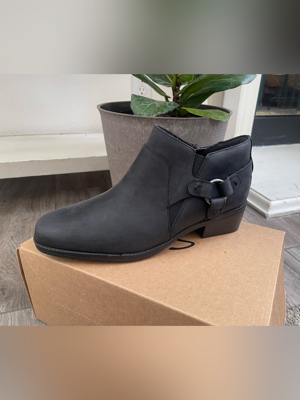 Clarks Black Leather Ankle Boot with Buckle Accent